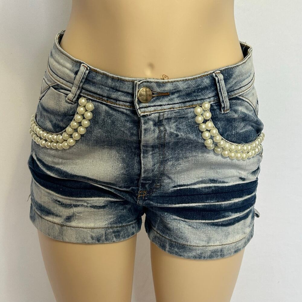 23 Graus Brazil Pearl Embellished Denim Shorts Y2K Low Rise Women’s 42